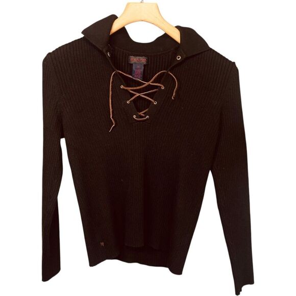 Ralph Ralph Lauren Ribbed V Neck Long Sleeve Sweater with Lace Up Detail - Picture 1 of 11